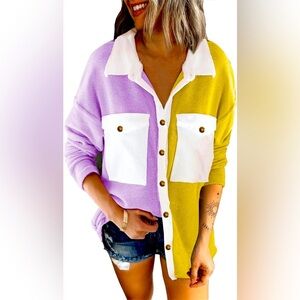 Fantastic Fawn purple and yellow multicolored button up oversize top